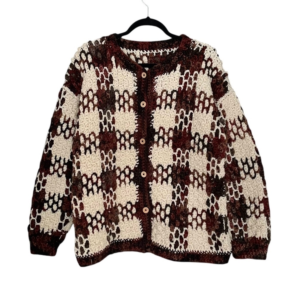 HAND KNIT Wool Chunky Knit Button Front Cardigan Sweater Cream Brown L